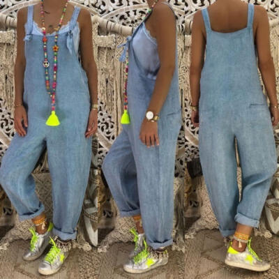 

New Women Casual Loose Denim Pants Cotton Jumpsuit Strap Harem Trousers Overalls