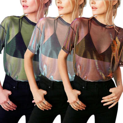 

Women Sheer Mesh Fish Net Short Sleeve Turtle Neck See Crop Top T-Shirt Blouse