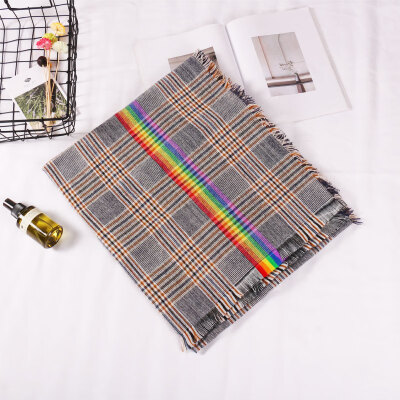 

Autumn&winter new rainbow strip imitation cashmere scarf female plaid double-sided shawl four corners to remove the warm scarf