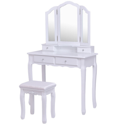 

Tri Folding Mirror Vanity Table Stool Set with 4 Drawers-White