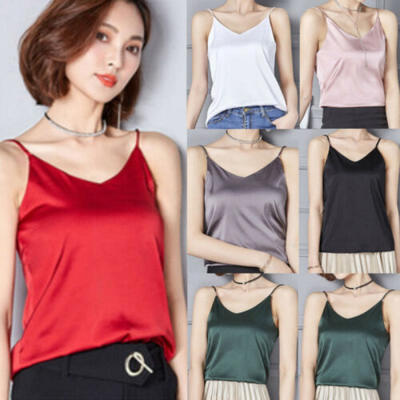 

Womens Satin Silk Camisole Cami Spaghetti Strap Vest Top Blouse Tank Lingerie