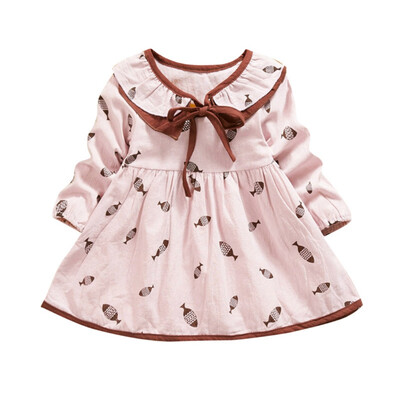 

Spring Autumn New Baby Kids Girls Animal Fish Print Long Sleeve Dress Doll Collar Bowknot Solid Color Cotton Comfortable Dresses