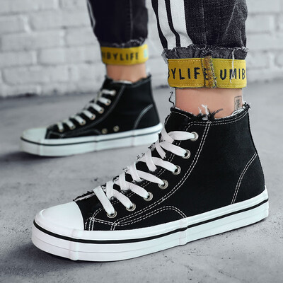 

Mens Shoes Autumn Korean Edition Fashion High-Up Canvas Board Shoes Leisure Baitie Cloth Shoes Black Tide Shoes