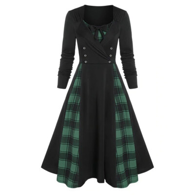 

Tailored Fashion Womne Plus Size Plaid Print Mock Button Faux Twinset Midi Vintage Dress