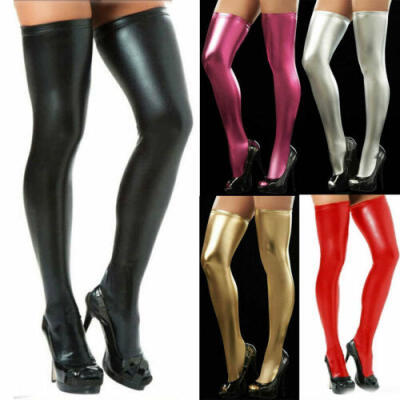 

Women Wet Look Lace Top Tights Thigh-high Length Faux leather Stockings Socks