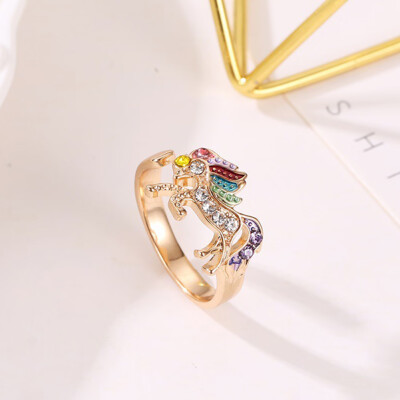 

Fashion Unicorn Rings Multicolored Diamond For Women Girls Lucky Adjustable Opening Cartoon Ring