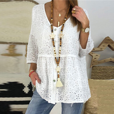 

HOT Ladies Women Summer Loose Casual Floral Long Sleeve Lace T Shirt Tops Blouse