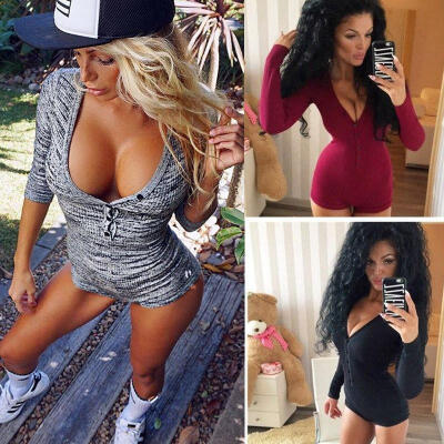 

New Women Casual Long Sleeve Bodycon Romper Jumpsuit Club Bodysuit Short Pants
