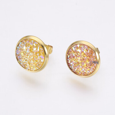 

Resin Stud Earrings with Golden Tone 304 Stainless Steel Findings Flat Round Druzy Resin Gold 14515mm Pin 07mm