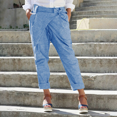 

Women Casual Loose Plus Size Pure Color Pocket Bandage Pants Linen Trousers