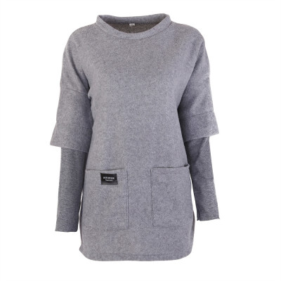 

New Long Solid Pullover Sweatshirt Women Autumn Three Quarter Sleeve O-neck Korean Two Pocket Plus Size Sweatshirts