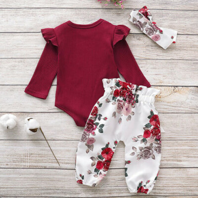 

3pcs Infant Baby Girls Romper TopPants Outfits Newborn Kids Cotton Clothes Set