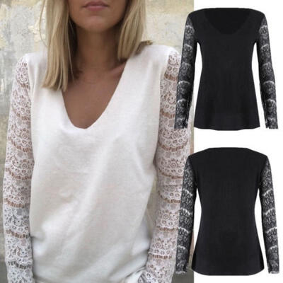 

Women Sexy V-Neck Shirts Top See Through Lace Long Sleeve Blouse Winter