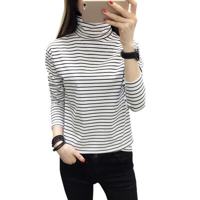 

Spring Korean Women Stripe Basic T-shirt Turtleneck Casual Harajuku Tops