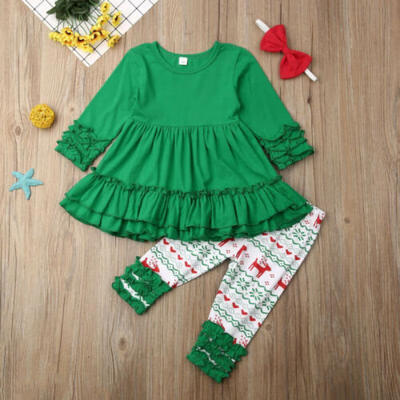 

Toddler Kids Baby Girl Christmas Clothes Tops Dress Print Pants Outfits Set