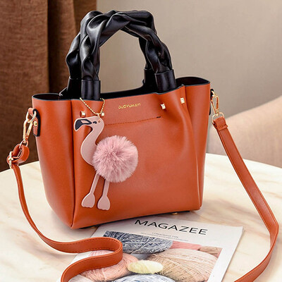 

Women Shoulder Bag Leather Fashion Flamingo Hairball Tote Bag Luxury Handbag