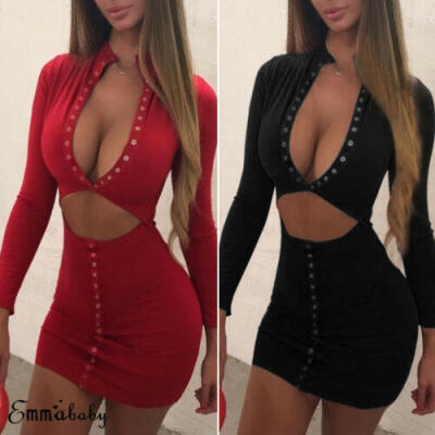 

Women V Neck Bodycon Long Sleeve Dress Evening Party Cocktail Club Mini Sundress