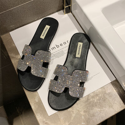 

Sandals women wear summer 2019 new ins tide net red super fire rhinestones Joker H drag fashion beach drag