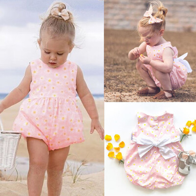 

Infant Baby Girls Sleeveless Sunflower Print Bow Bodysuit Romper Clothes