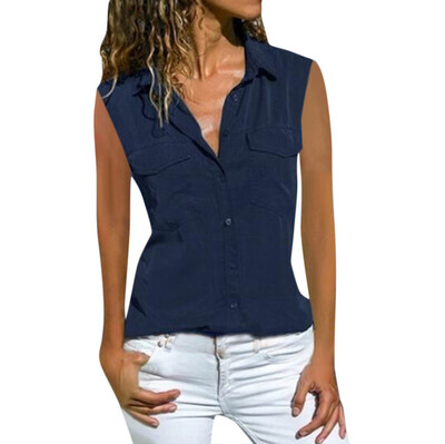 

Starmoon Women Casual Solid Sleeveless Turn Down Collar Pockets Button Front Shirt Tops