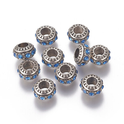 

Alloy European Beads with Rhinestone Large Hole Beads Rondelle Antique Silver Sapphire 13x7mm Hole 5mm