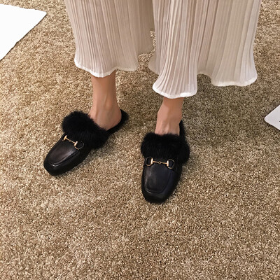 

Mingyuanfeng slippers for women wearing autumn fashion metal chain wool shoes with flat sole&half slippers