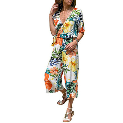 

Starmoon Women Ladies V-Neck Bandage Lace Up Flower Print Cropped Pants Jumpsuit