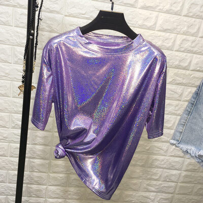 

Bright Silk Women Nightclub T-shirt O Neck Casual Short Sleeve Ladies T-Shirt Fashion Wear Summer Party Tops