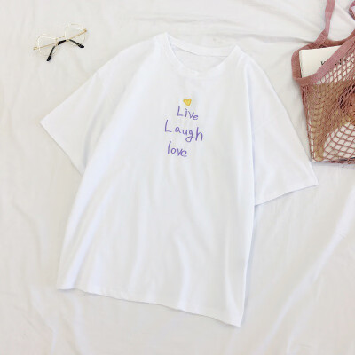 

Women Round Collar Summer Embroidered Letters Loose Short Sleeve Casual Simple Wild T-Shirt