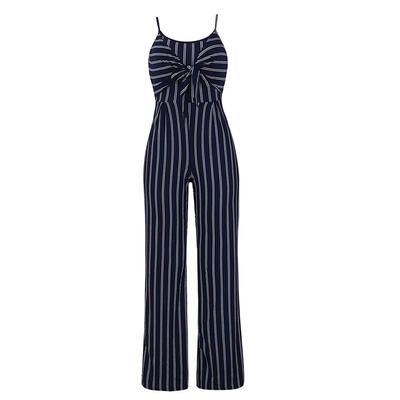 

Women Bowknot Shaper Strap Stripe Rompers Sleeveless Wide Legs Bodysuits
