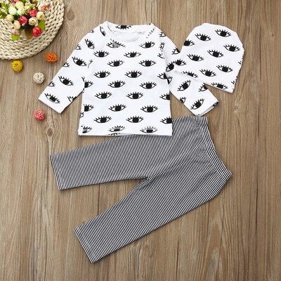 

3Pcs Infant Baby Boy Girl Eyes Print TopsPantsHat Outfits Set Clothes