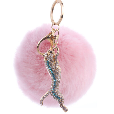 

Rex rabbit hair keychain inlaid colored diamonds small cheetah bag car key ring pendant high quality plush hair ball