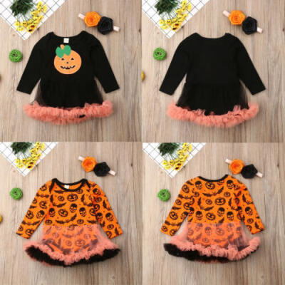 

Newborn Baby Girl Clothes Pumpkin Long Sleeve Romper Tutu DressHeadband Outfits