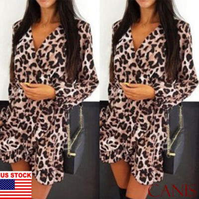

Women Leopard Print Deep V-Neck Long Sleeve Mini Party Maxi Dress Club Wear Sexy