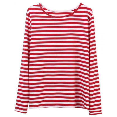 

HIRIGIN Casual Women Red White Striped Long Sleeve T Shirt Cotton Loose Shirt Female Basic O-Neck Tops Tee Autumn pullovers