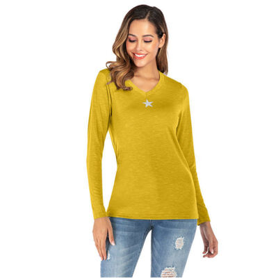 

Printed T-Shirt Female Five-Pointed Star Decoration Sexy V-Neck Design Casual Wild Autumn Long Sleeve