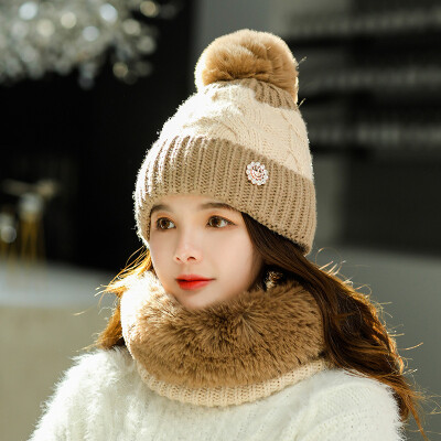 

Autumn&winter 2019 Wool Hat Womens color matching wool ball warm knit hat set head Bib Set hat manufacturer direct sales