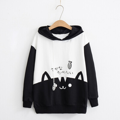 

Nomeni Womens Casual Long Sleeve Kitty Cat Print Pocket Thin Hoodie Blouse Top BKS