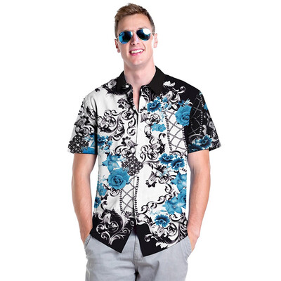 

Tailored Mens Summer Print Turn-Down Collar Slim Fit Short Sleeve Top Shirt Blouse
