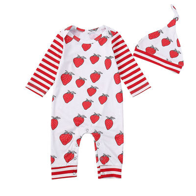 

Baby Rompers Girls Cotton Clothing Small Strawberry Print One-piece Printed Strawberry Hat Baby Full Sleeve Clothes
