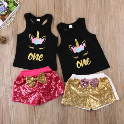 

Toddler Kids Baby Girls Unicorn 2PCS Clothes T-shirt Sequins Shorts Set Outfit