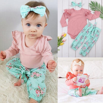 

Fashion Baby Girls Infant Floral Outfits Clothes Romper BodysuitLong Pants 3pcs Set