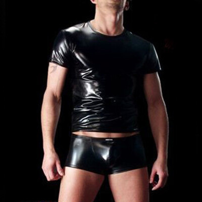 

Mens Patent Leather Lingerie Round Neck Short Sleeve T-shirt Top Shirt Costume
