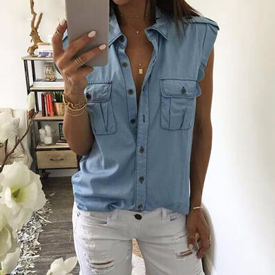 

Starmoon Women Casual Button Lapel Pocket Denim Sleeveless Ladies Top Shirts Blouse