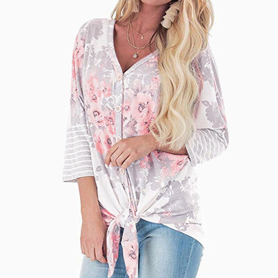 

Tailored Womens Fashionable Long-Sleeved Printed Button-Down Cardigan And Knotte Blouses