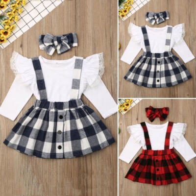 

Toddler Kids Baby Girls Clothes Lace TopsPlaid Bib DressHeadband Outfits Set