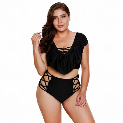 

Plus Size solid color V-neck short-sleeved hem high waist belt chest pad split swimsuit