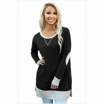 

Two-tone stitching round neck long-sleeved side pockets long casual top