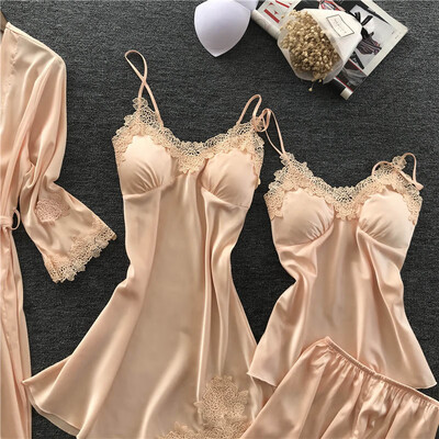

4 Pieces Women Pajamas Sets Satin Sleepwear Silk Nightwear Pyjama Spaghetti Strap Sleep Pijama Chest Pads For Women