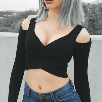 

Womens Ladies Sexy Long Sleeve Crop Top T-Shirt Tops Deep V Neck Stretch Plain
